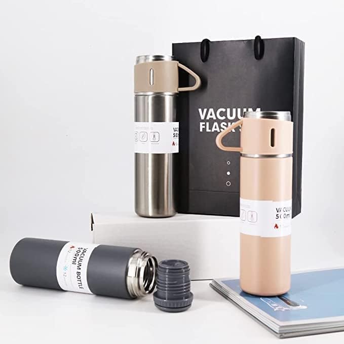 Vacuum Flask 500ML Stainless Steel, Water Bottle, Coffee Tumbler, Tea Mug Set with Gift Box Flask Comes with 2 Pieces of Steel Cups Diwali Gifts for Employees