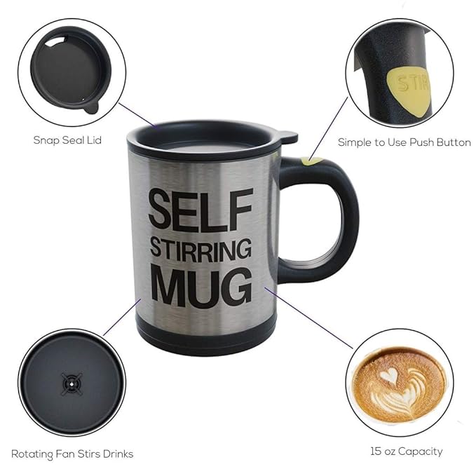 Self Stirring Coffee Mug Cup - Electric Stainless Steel Automatic Self Mixing & Spinning Home Office Travel Mixer Cup Best Cute Christmas Birthday Gift Idea for Men Women Kids