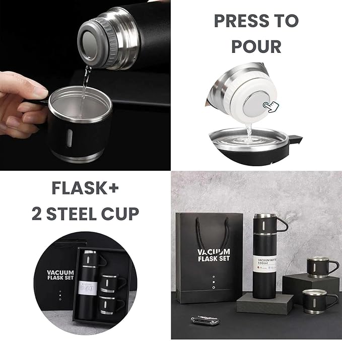 Vacuum Flask 500ML Stainless Steel, Water Bottle, Coffee Tumbler, Tea Mug Set with Gift Box Flask Comes with 2 Pieces of Steel Cups Diwali Gifts for Employees